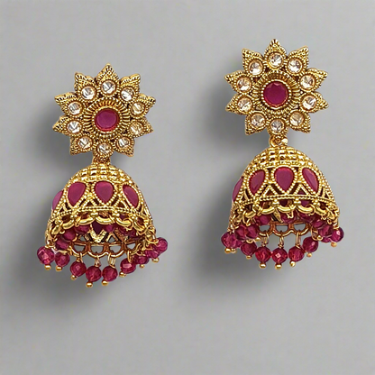 GOLD SHORT JHUMKIS WITH RUBY STONE AND DROPS