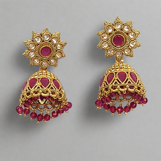GOLD SHORT JHUMKIS WITH RUBY STONE AND DROPS