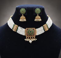 Green Kundan and pearl patwa choker necklace