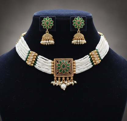 Green Kundan and pearl patwa choker necklace