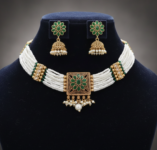 Green Kundan and pearl patwa choker necklace