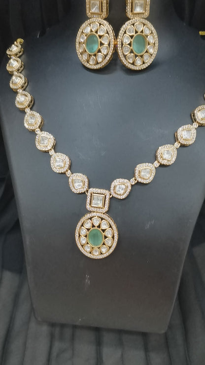 Nck25 289 Heritage Polki & AD Necklace Set with Emerald Green Stones