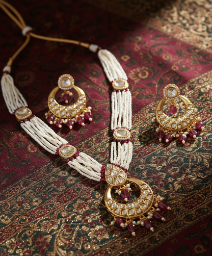 Nck25 256 Maharani Chandbali Kundan & Pearl Heritage Necklace Set