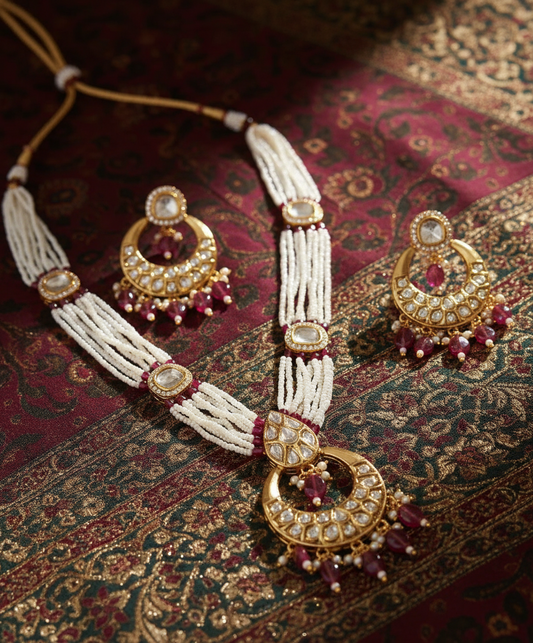 Nck25 256 Maharani Chandbali Kundan & Pearl Heritage Necklace Set