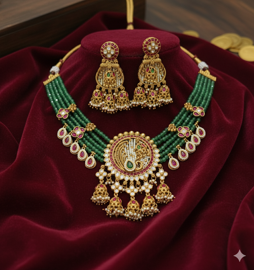 Nck00 646s The Mayurika Emerald Beaded Heritage Set
