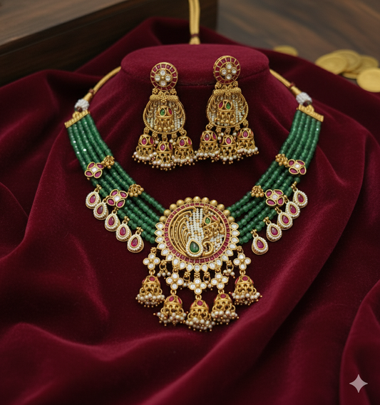 Nck00 646s The Mayurika Emerald Beaded Heritage Set