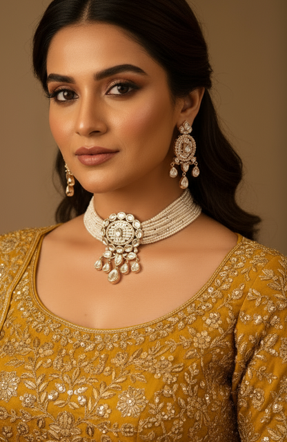 Nck25 225 Gracious Pearl & Kundan Pendant Choker Set