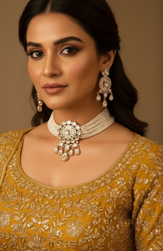 Nck25 225 Gracious Pearl & Kundan Pendant Choker Set