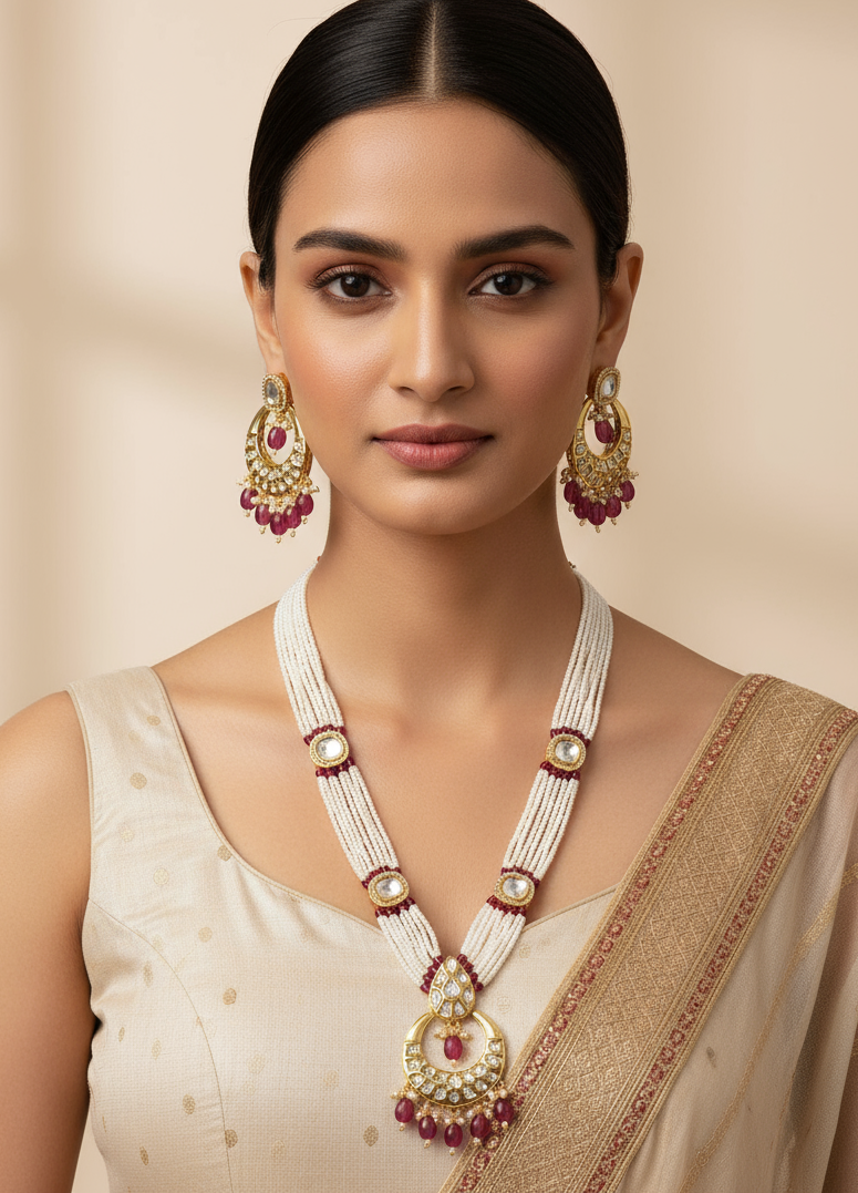 Nck25 256 Maharani Chandbali Kundan & Pearl Heritage Necklace Set