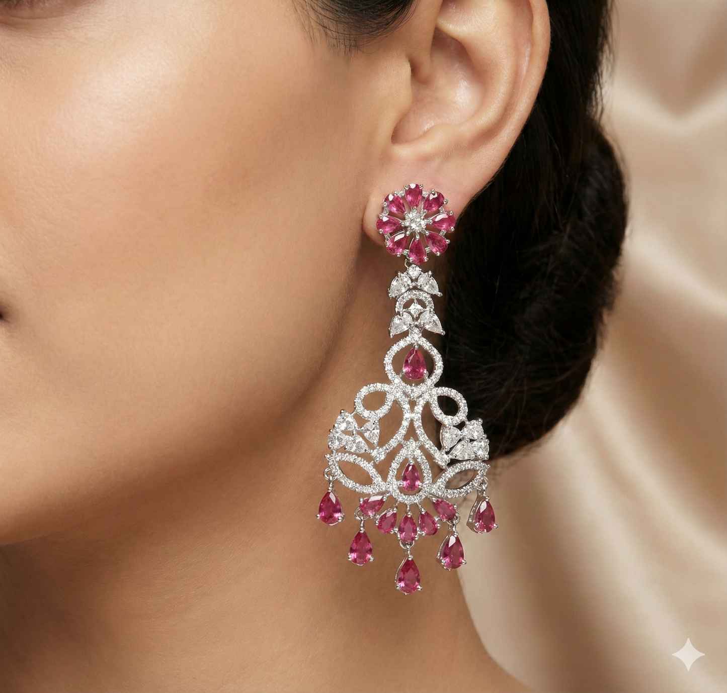 Punisha's Rhodium-Plated Earrings:  American Diamonds & Ruby