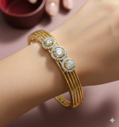 Brc25 196 Elegant Gold-Plated Trio Halo American Diamond Bangle Bracelet for Women & Girls