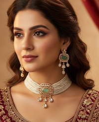 Jeweled polki n mint pearl choker for charming weddings.