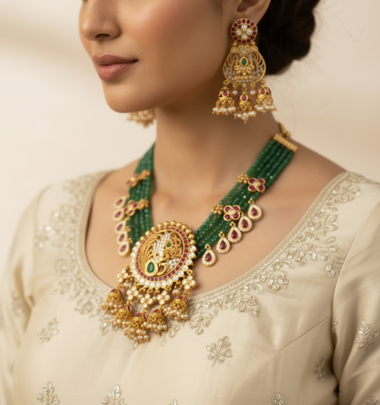 Nck00 646s The Mayurika Emerald Beaded Heritage Set
