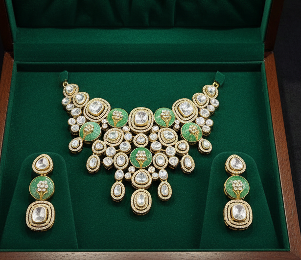 Nck25 343 mosanite Polki bridal necklace set