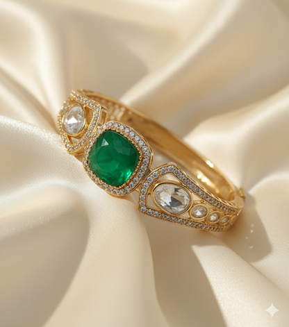 Brc25 219b Emerald Bloom & Polki Statement Kada Bracelet