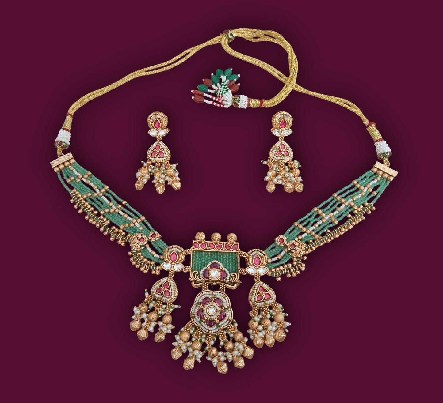 Nck25 266 Ornate Rajwadi Meenakari & Green Bead Heritage Choker Set