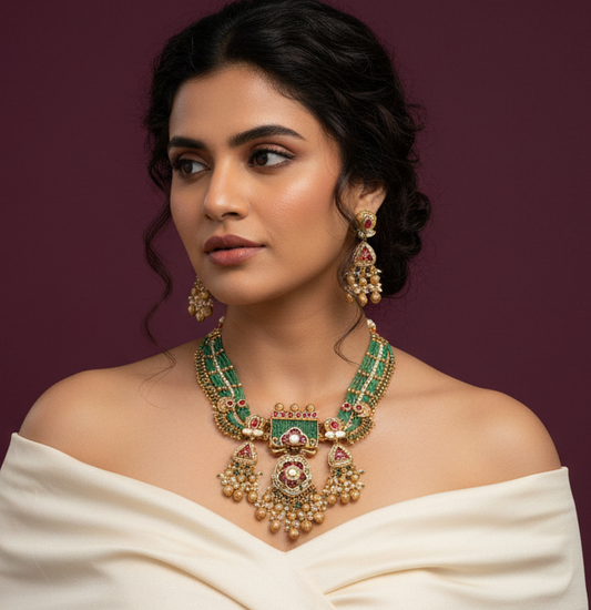 Nck25 266 Ornate Rajwadi Meenakari & Green Bead Heritage Choker Set