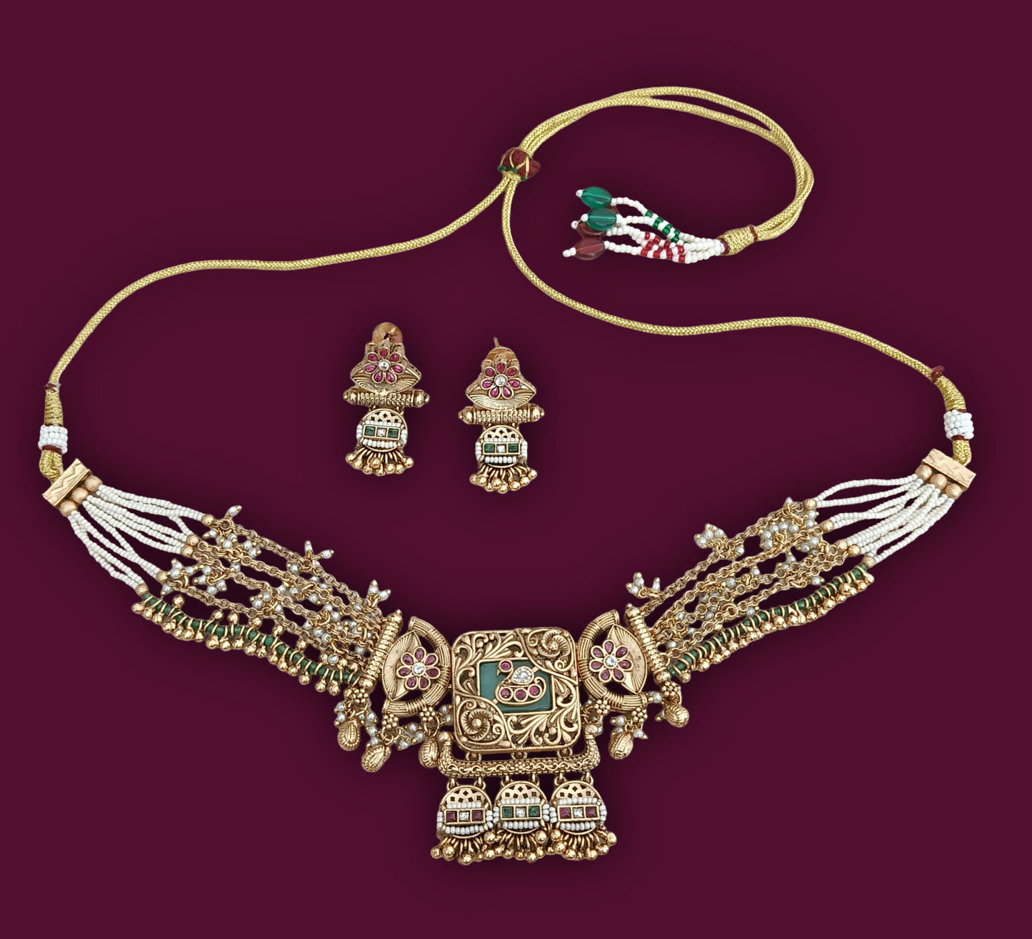 Nck25 267 Majestic Rajwadi Meenakari & Pearl Heritage Choker Set