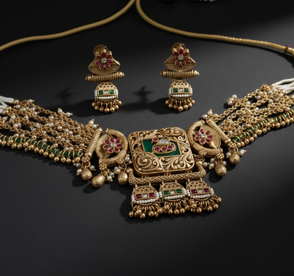 Nck25 267 Majestic Rajwadi Meenakari & Pearl Heritage Choker Set