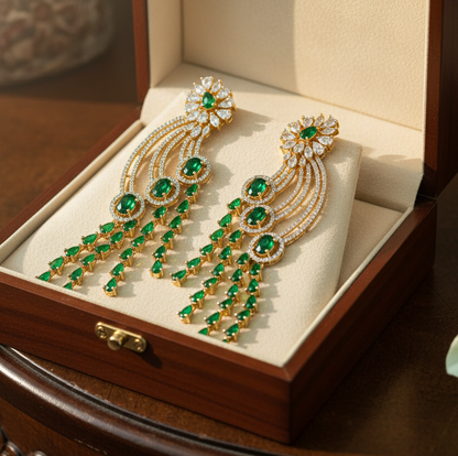 Rose gold American Diamond earrings with emerald drops