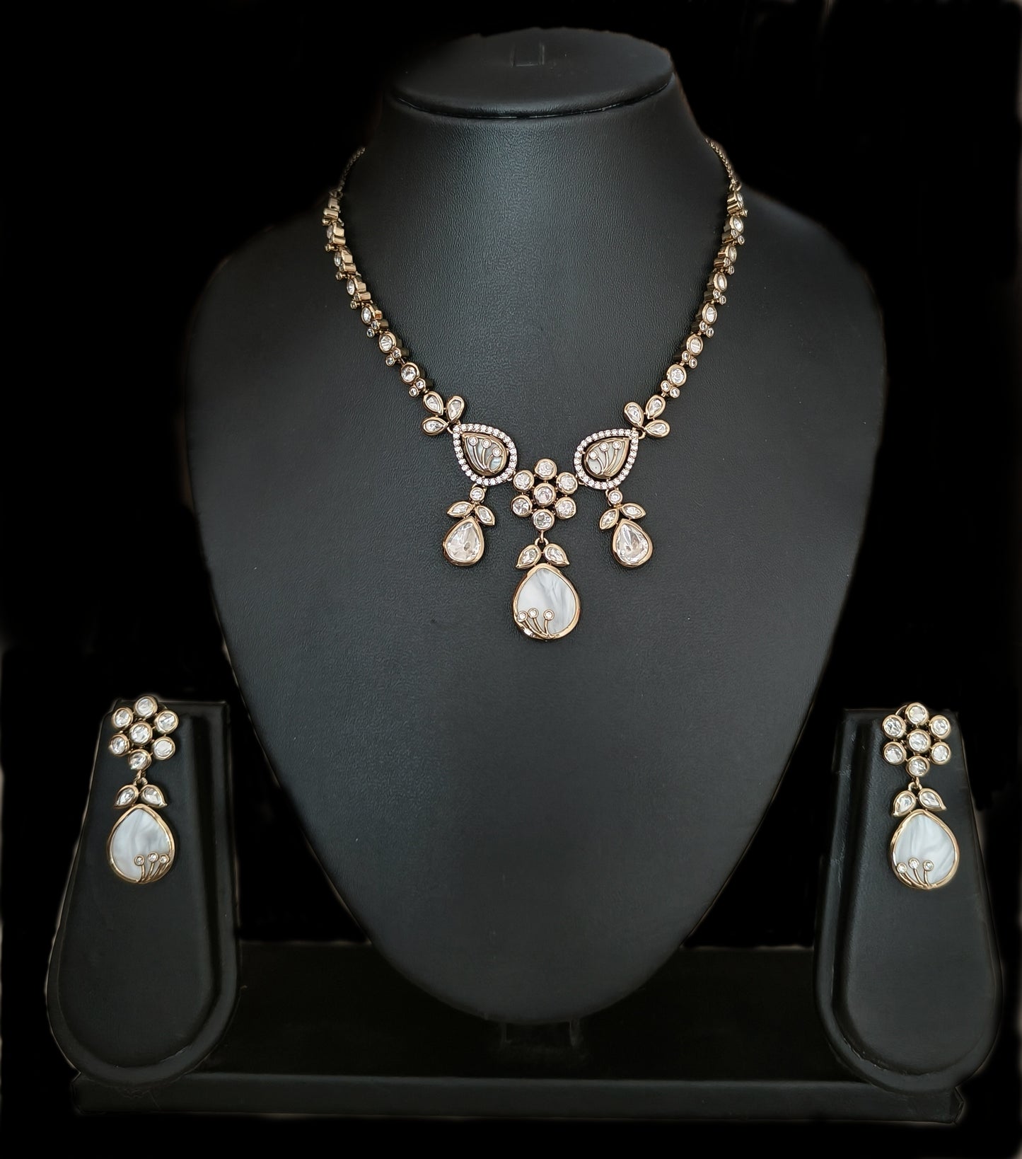 Nck25 244 Elegant Mother-of-Pearl & Polki-Style Drop Necklace Set
