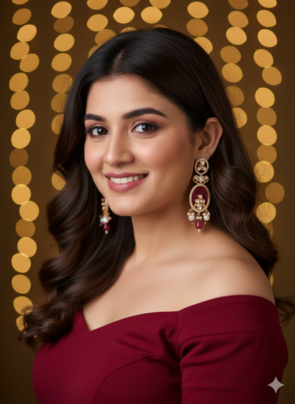 Ear25 206 Rhea Victorian-Style Ruby & CZ Statement Earrings with Pearl Drops