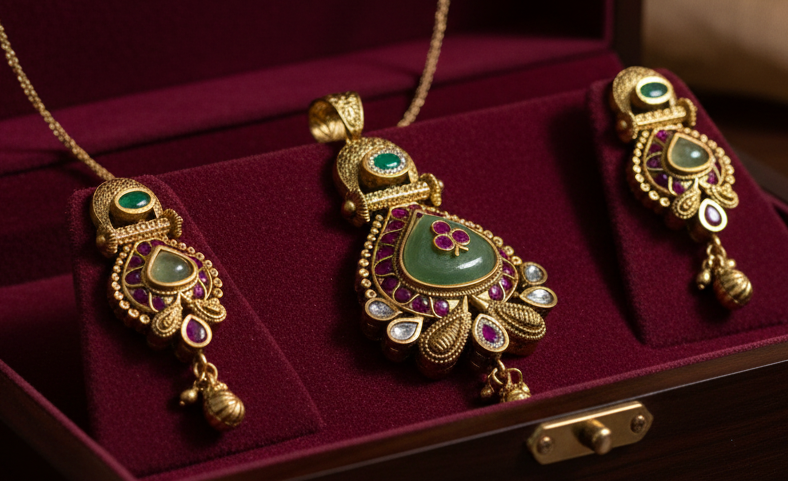 Heritage pendant set, mint jade,kundan Pds26 45