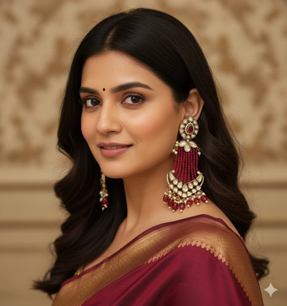 Ear25 14s Maharani Polki & Ruby Bead Cascade Chandbali Earrings