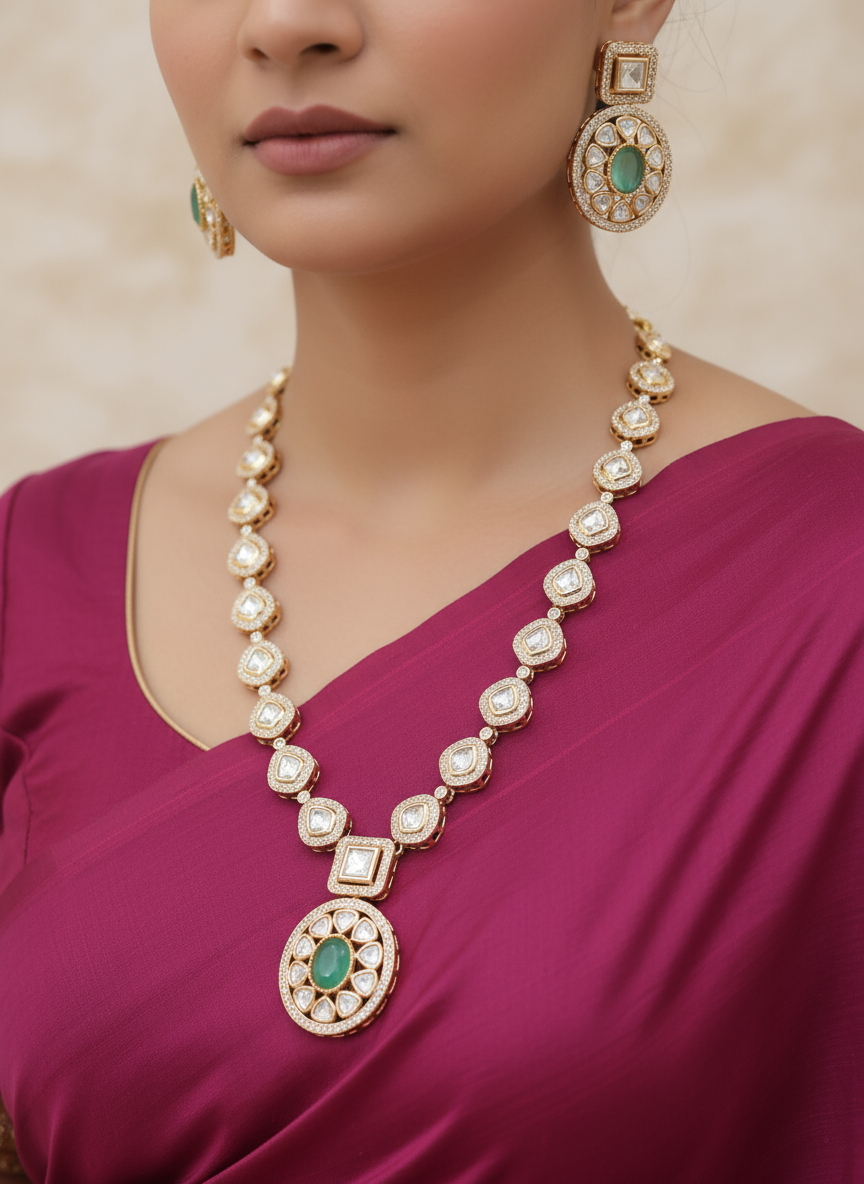 Nck25 289 Heritage Polki & AD Necklace Set with Emerald Green Stones