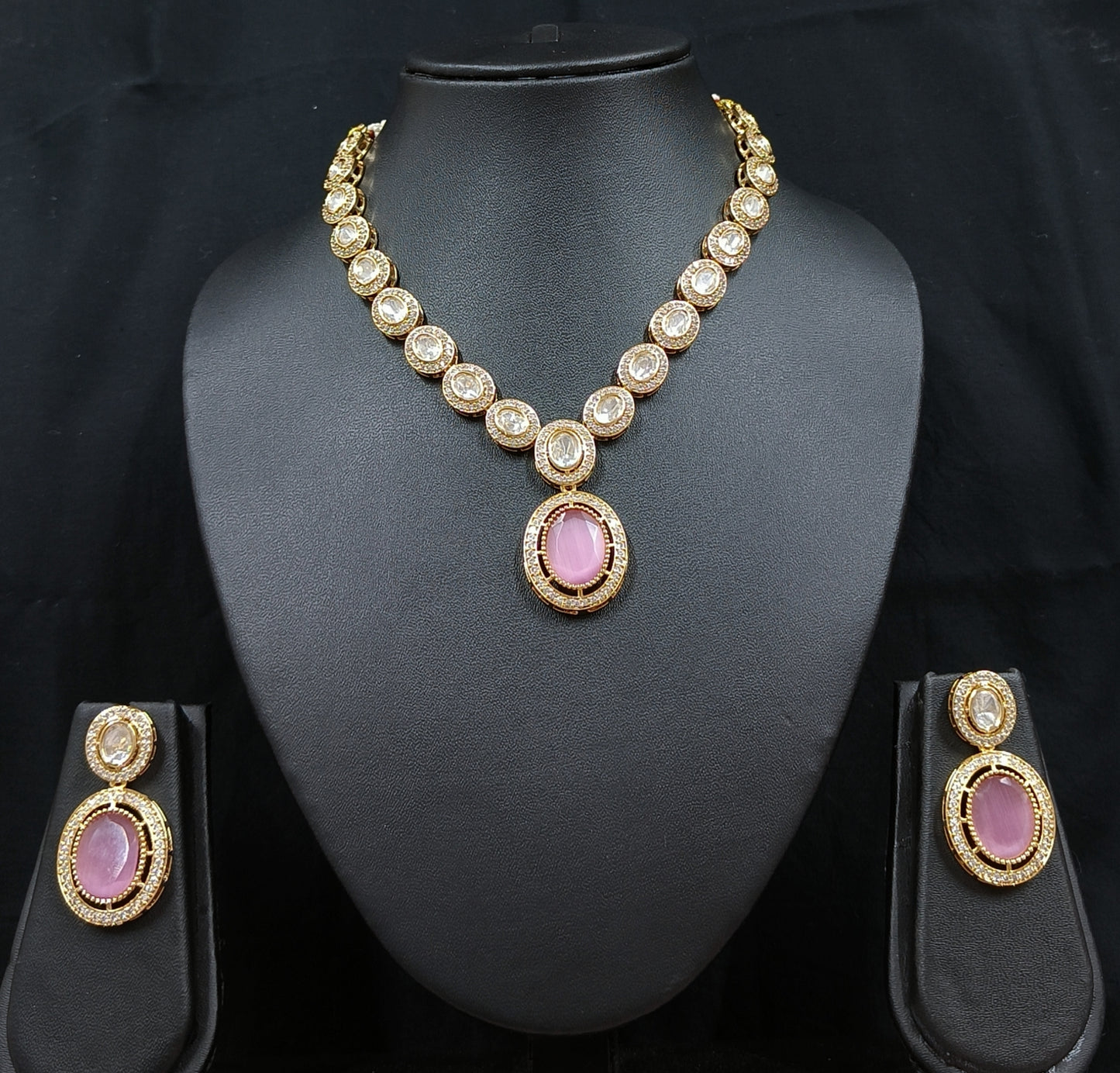 Rose pink mint pachi kundan AD necklace