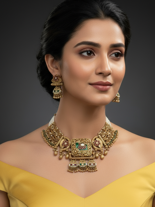 Nck25 267 Majestic Rajwadi Meenakari & Pearl Heritage Choker Set