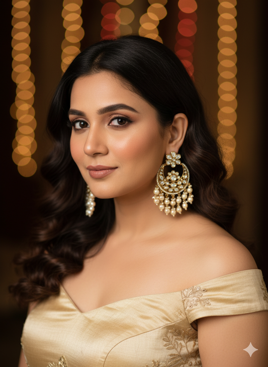 EAR00 355s Noorani Classic Polki & Pearl Chandbali Earrings