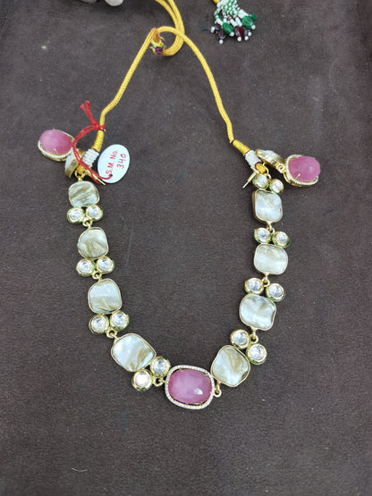 Nck25 268 Contemporary Baroque Pearl & Emerald Green Stone Necklace Set