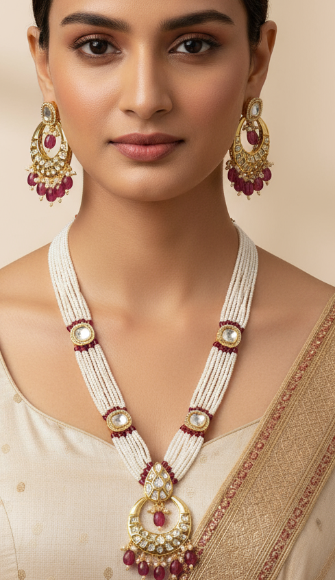 Nck25 256 Maharani Chandbali Kundan & Pearl Heritage Necklace Set