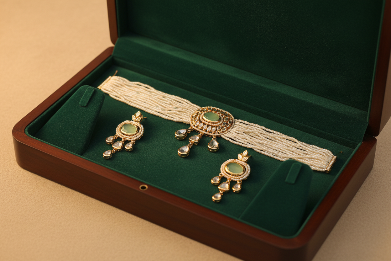 Jeweled polki n mint pearl choker for charming weddings.