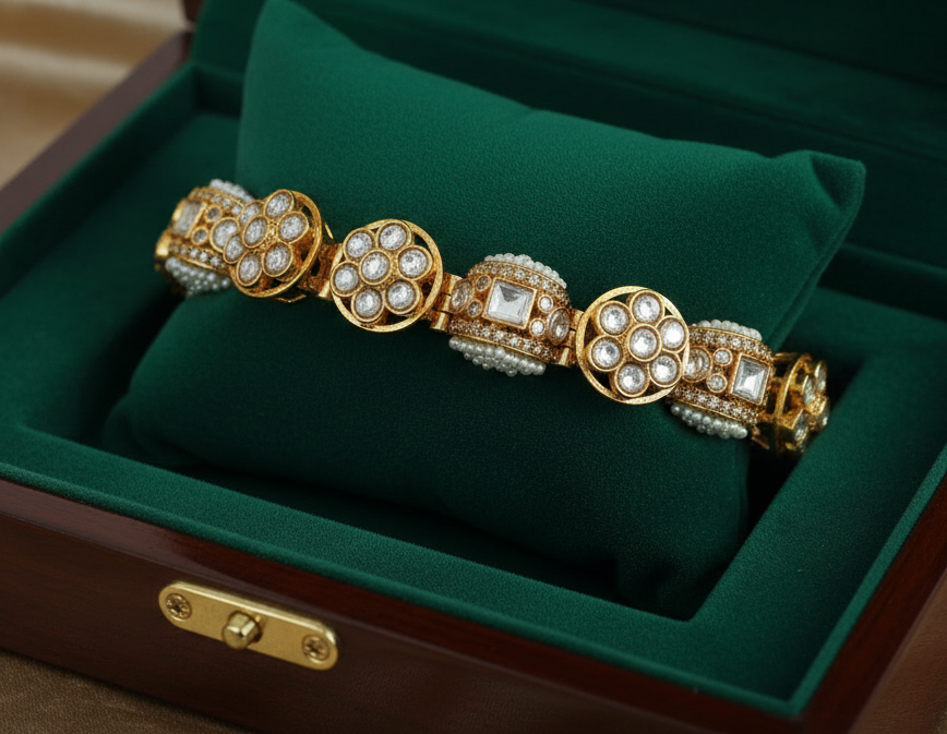 Heritage Polki n Pearl Gajra bracelets for wedding (bangle size 2.2,2.4)